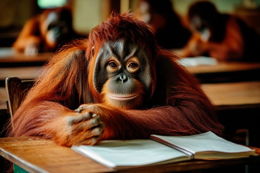 An orangutan in a school. Cute animals learning in a classroom.  AI generated