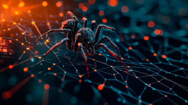 Black widow spider build web on blurry digital technology background. Concept of virus and malware.  AI generated