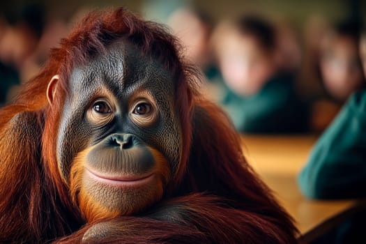An orangutan  learning in a classroom together with a kids.  AI generated