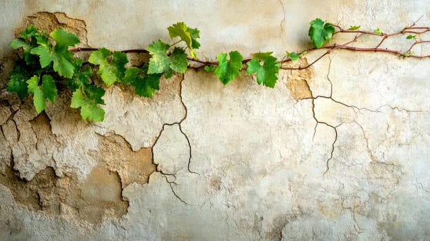 Old cracked wall with long grape vine coming from the ceiling. Copy space. AI generated