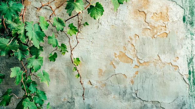 Old cracked wall with long grape vine coming from the ceiling. Copy space. AI generated