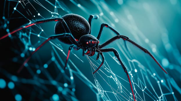 Black widow spider build web on blurry digital technology background. Concept of virus and malware.  AI generated