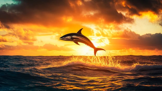 A tuna fish leaps out of the ocean on the sunset background.  AI generated