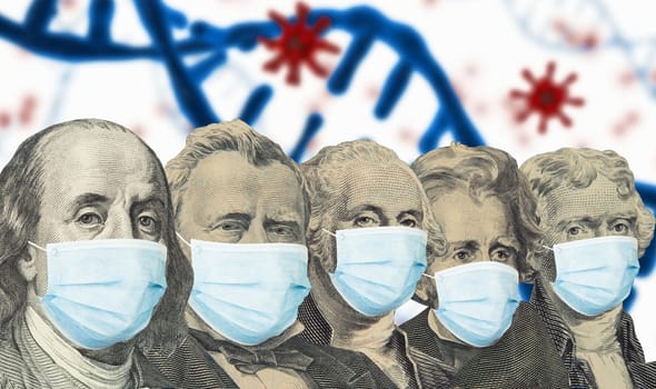 Different american presidents from dollar banknotes with a face masks on covid background. Concept of the global financial crisis and pandemic