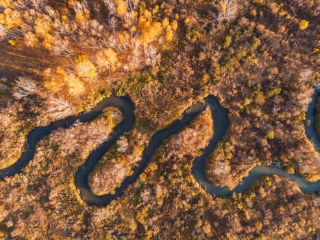 Aerial drone view of autumn landscape with river.