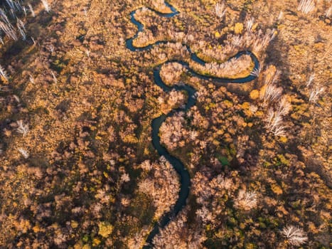 Aerial drone view of autumn landscape with river.