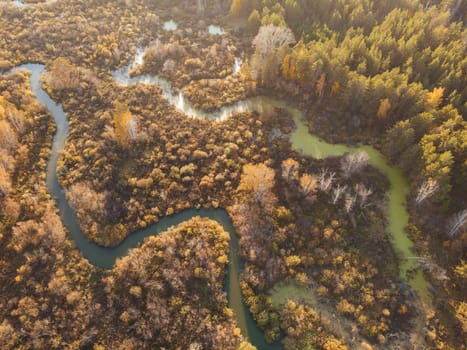 Aerial drone view of autumn landscape with river.