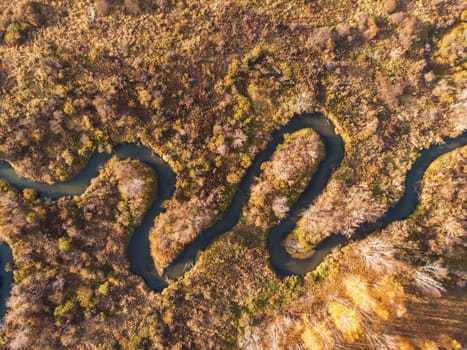 Aerial drone view of autumn landscape with river.