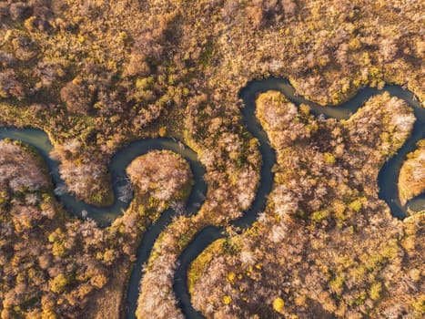 Aerial drone view of autumn landscape with river.