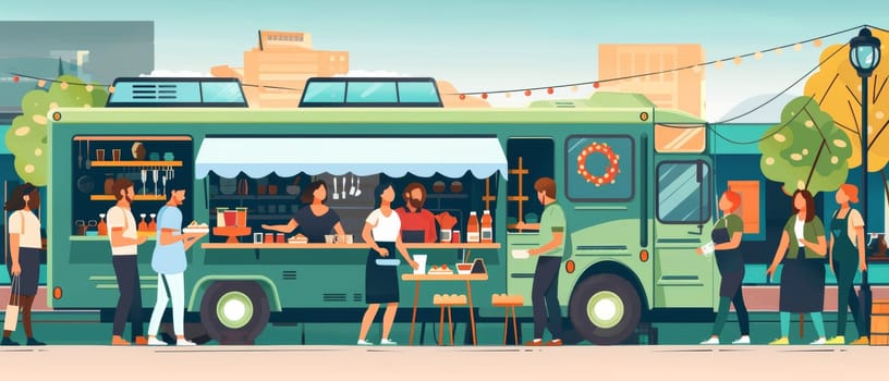 Illustration of people engaging with a green food truck in a lively urban park environment