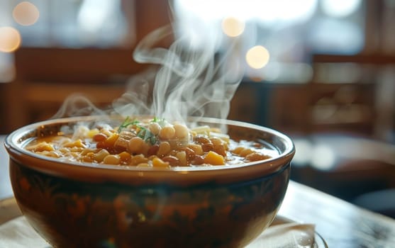 Comfort on a cold day captured in a hot, steaming bowl of soup served in a decorative bowl with a cozy restaurant backdrop