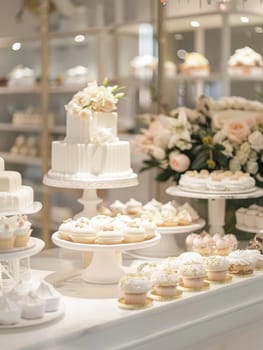 A pristine all-white wedding cake takes center stage among a collection of delicate desserts in a bright patisserie display