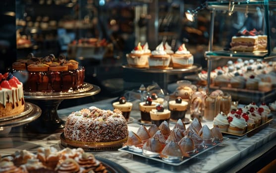 A gourmet bakery showcases rich chocolate cakes alongside an assorted variety of pastries, each elegantly presented with finesse