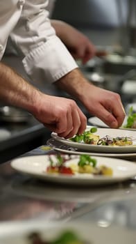 A skilled chef exhibits precision and artistry as they embellish a dish with fresh herbs, set against the backdrop of a bustling kitchen
