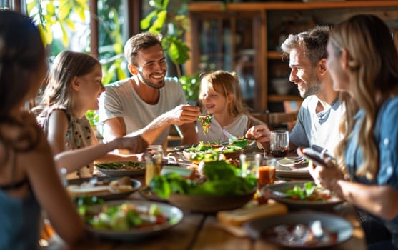 A lively family dinner unfolds in a sunlit dining room, with smiles and fresh salads being shared amidst casual, joyful conversation