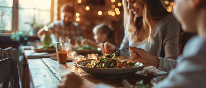 An extended family enjoys a vibrant and festive dinner, with a table lavishly spread with colorful dishes, in a bright and airy dining space