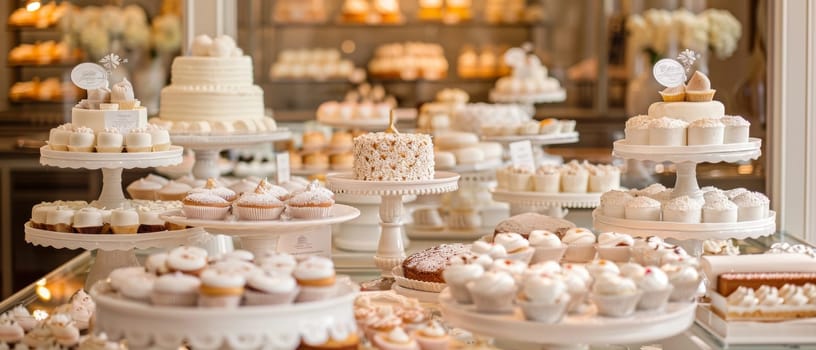 A decadent display of a wedding cake and a variety of pastries elegantly presented in a well-lit patisserie setting