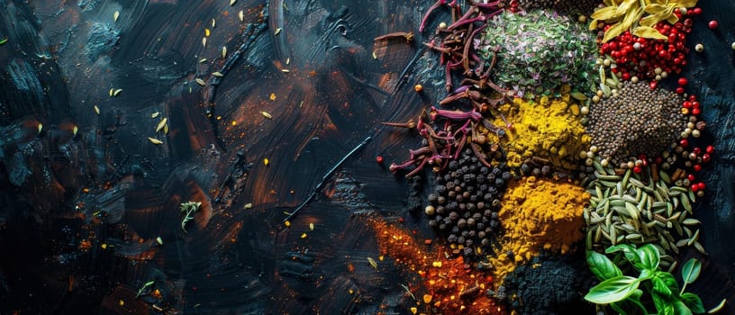 A culinary canvas showcasing a rich assortment of spices and herbs on a dark slate background, perfect for food artistry.