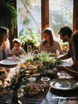 A warm, sun-drenched dining setting with a family enjoying a wholesome meal surrounded by lush indoor plants, creating an inviting, serene atmosphere