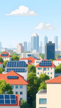 A vibrant cityscape features modern buildings and houses adorned with solar panels. Lush greenery complements the urban environment under a clear blue sky.