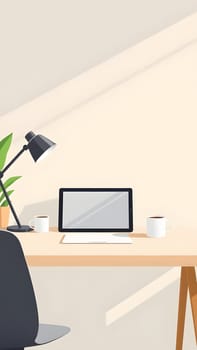 A clean, modern workspace features a laptop, two coffee cups, and a lamp on a wooden desk. Sunlight streams through, illuminating the plants nearby, creating a productive atmosphere.