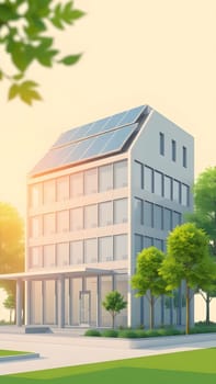 A sleek, contemporary building features solar panels on its roof, surrounded by lush greenery. The warm glow of sunset highlights its modern architecture and eco-friendly design.