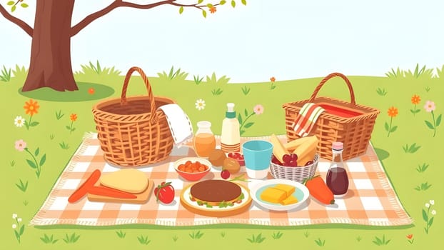 A vibrant picnic setting is laid out on a checkered blanket, featuring an array of delicious foods and refreshing drinks, surrounded by greenery and blooming flowers under a tree.