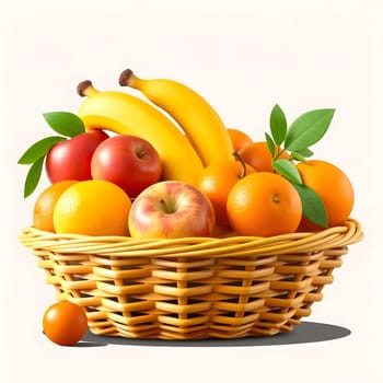 A woven basket overflowing with fresh bananas, red and green apples, and vibrant oranges rests on a light surface, showcasing a variety of textures and colors.