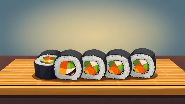 A vibrant assortment of sushi rolls is arranged neatly on a bamboo mat, showcasing a variety of fresh vegetables and seafood in a creative presentation that enhances their appeal.
