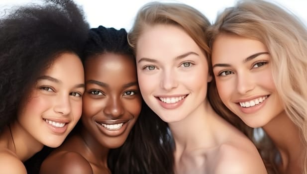 Group of four diverse women smiling together, promoting beauty, diversity, and inclusion