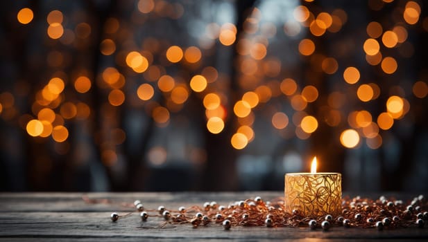Lit candle on a wooden table surrounded by pearls with blurred bokeh lights in the background. Ideal for creating a cozy and romantic atmosphere
