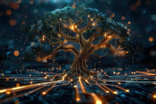 A mystical tree with glowing lights, symbolizing growth, connection, and the fusion of nature and technology. Perfect for themes of innovation, sustainability, and digital transformation.