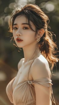 Beautiful Asian Woman In Beige Dress