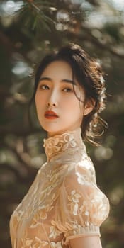 Beautiful Asian Woman In Beige Dress