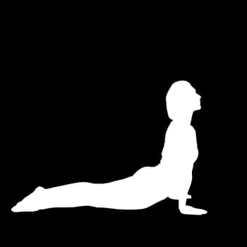 Negative silhouette of a female person performing the yoga exercise The Cobra Bhujangasana.