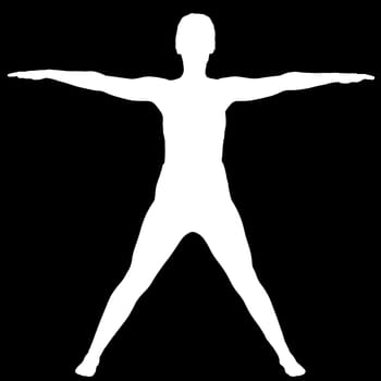 Negative silhouette of a female person in the basic yoga position, leg split, with arms outstretched to the sides.