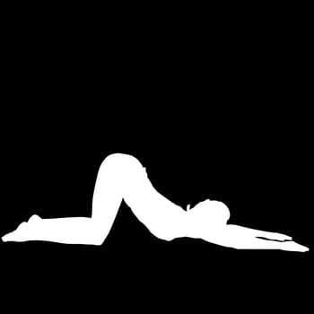 Negative silhouette of a female person performing the yoga exercise Vinyasa bhujangasana cow.