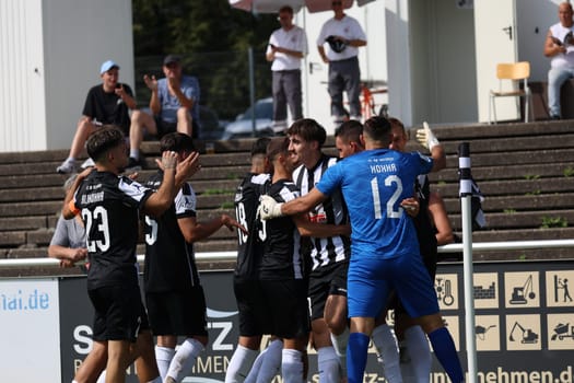 For perhaps the most important goal of the still young Regionalliga season,even goalkeeper Andrea Hoxha (FC 08 Villingen) comes to celebrate in the match of the football RL SW 24-25: 6. Sptg: FC 08 Villingen vs Eintracht Frankfurt U21