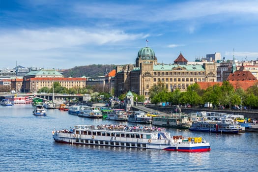 Tourist boats on Vltava river in Prague, Czech Republic