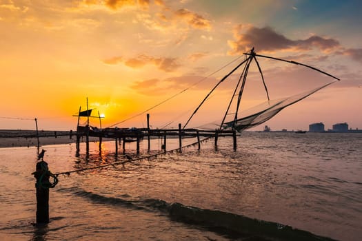 Kochi chinese fishnets on sunset. Fort Kochin, Kochi, Kerala, India