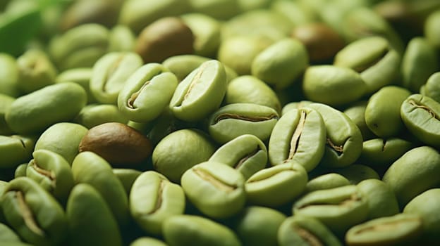 Unroasted raw coffee beans pile in natural light background, AI-generated content