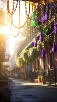 Confetti and Mardi Gras carnival decorations city street festival background. AI Generated content