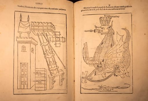 Turin, Italy - 30 April 2024. Ancient book De re militari by Roberto Valturio, 1483. Compendium of military theories from antiquity.