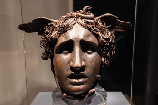 Bassano del Grappa, Italy - 22 December 2022. Head of Medusa, by sculptor Antonio Canova, 1799, bronze and copper