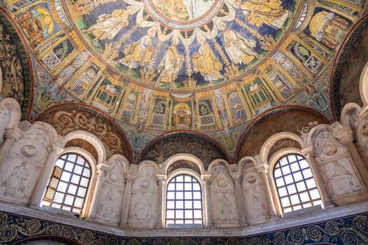 RAVENNA, ITALY - JUNE 12, 2024: mosaic detail design in the Neonian Baptistery, next to the Ravenna Cathedral