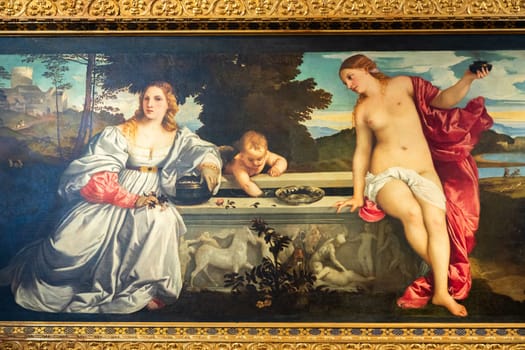 Rome, Italy - 28 December 2023: Borghese Gallery, Sacred and profane love - Amor sacro e amor profano - by Tiziano, 1514 circa