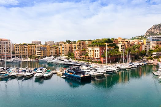 Fontvieille harbour, Monte Carlo - 17 August 2023: cityscape with yachts of the second port of Montecarlo