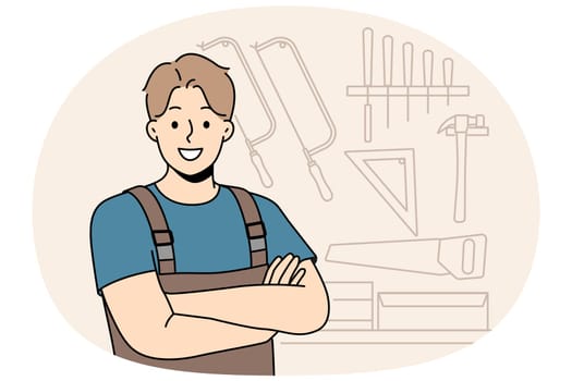 Smiling male carpenter in unform and glasses in workshop. Happy craftsman posing in woodwork workroom. Vector illustration.
