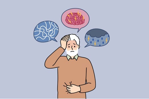 Dementia and alzheimer disease in elderly man experiencing brain confusion and pain in head. Old grandfather needs doctor help due to symptoms of dementia and sensitivity to weather.