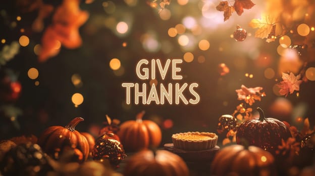 Autumn scene with pumpkins, fall leaves, pie, and Give Thanks message, AI Generated